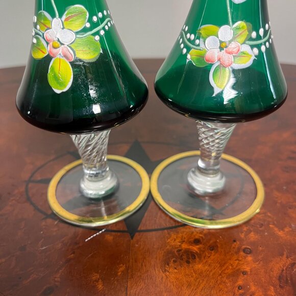 VTG Pair Czech Bohemian Green Vase Hand painted Hand blown 22k Gold Accents 8" - Picture 2 of 10
